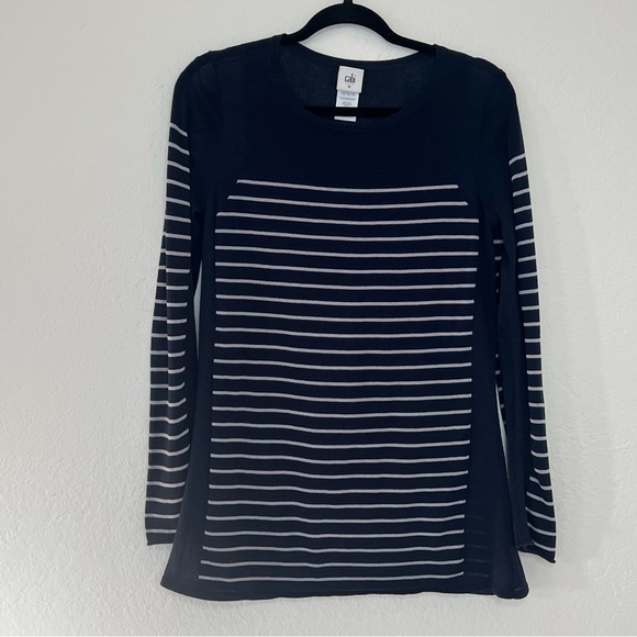 CAbi Sheer Lightweight Pullover Sweater #3367  Navy Blue Gray Stripe Size Medium - Picture 1 of 6